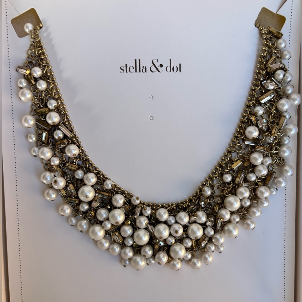 Stella & Dot “Eve” Bib Statement Necklace | Gold Mesh + Pearls & Crystals 💕